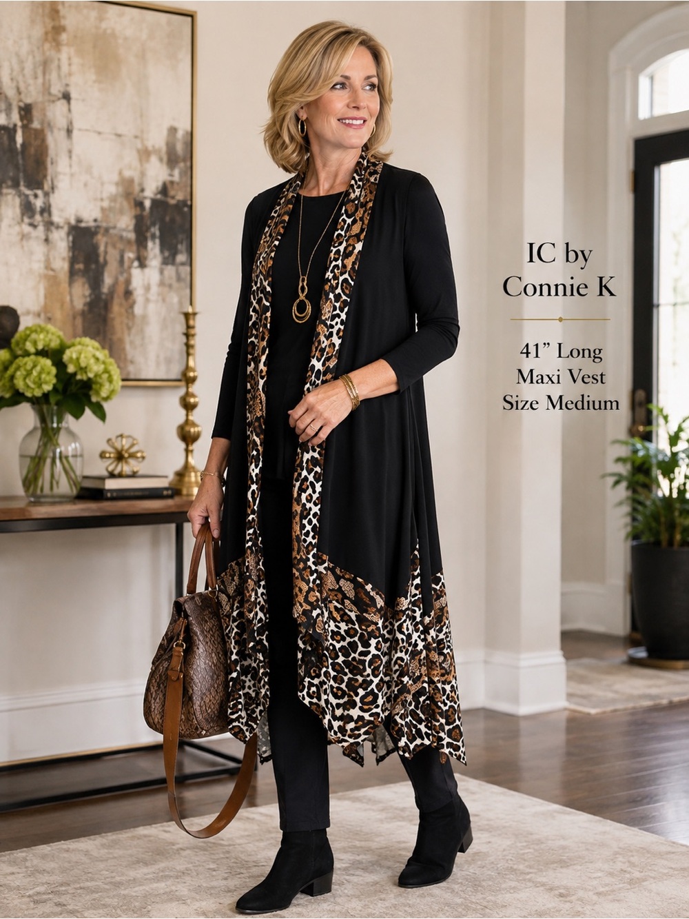 IC by Connie K Black Maxi Vest with Leopard Trim